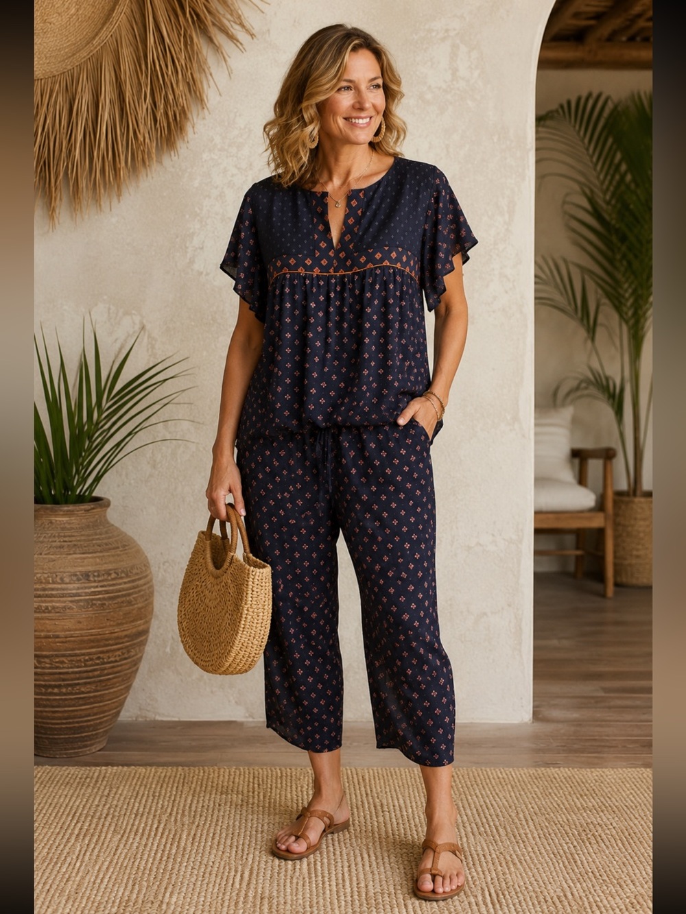 Ann Taylor LOFT Navy Blue Boho Matching Wide Leg Set Flutter Sleeve Top Vacation